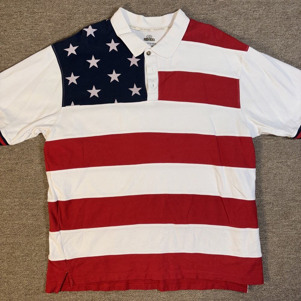 American Flag Red Head Shirt Sleeve Polo Shirt 2xL Rugby Style Stars Stripes